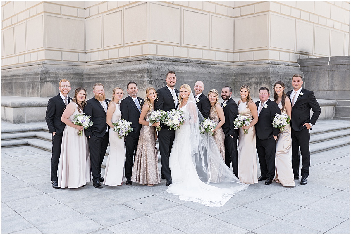 Bridal party together at The Indiana War Memorial in downtown Indianapolis.