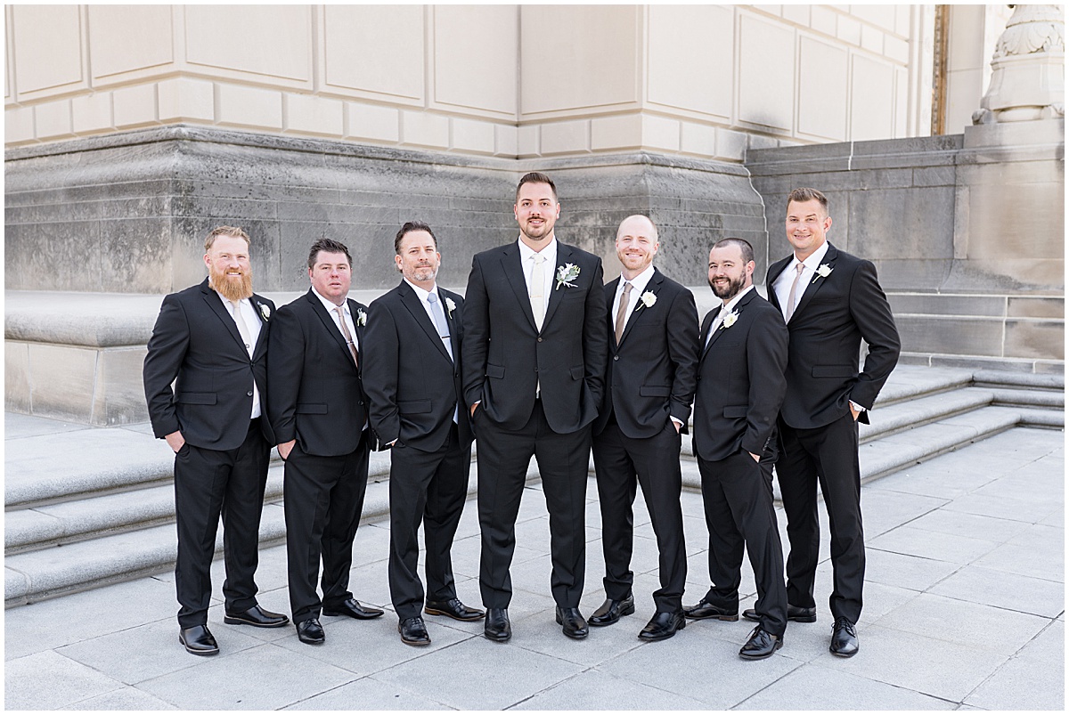 Groom and groomsmen at The Indiana War Memorial in downtown Indianapolis.
