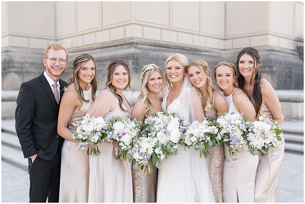 Bridesmaids with bride at The Indiana War Memorial in downtown Indianapolis.