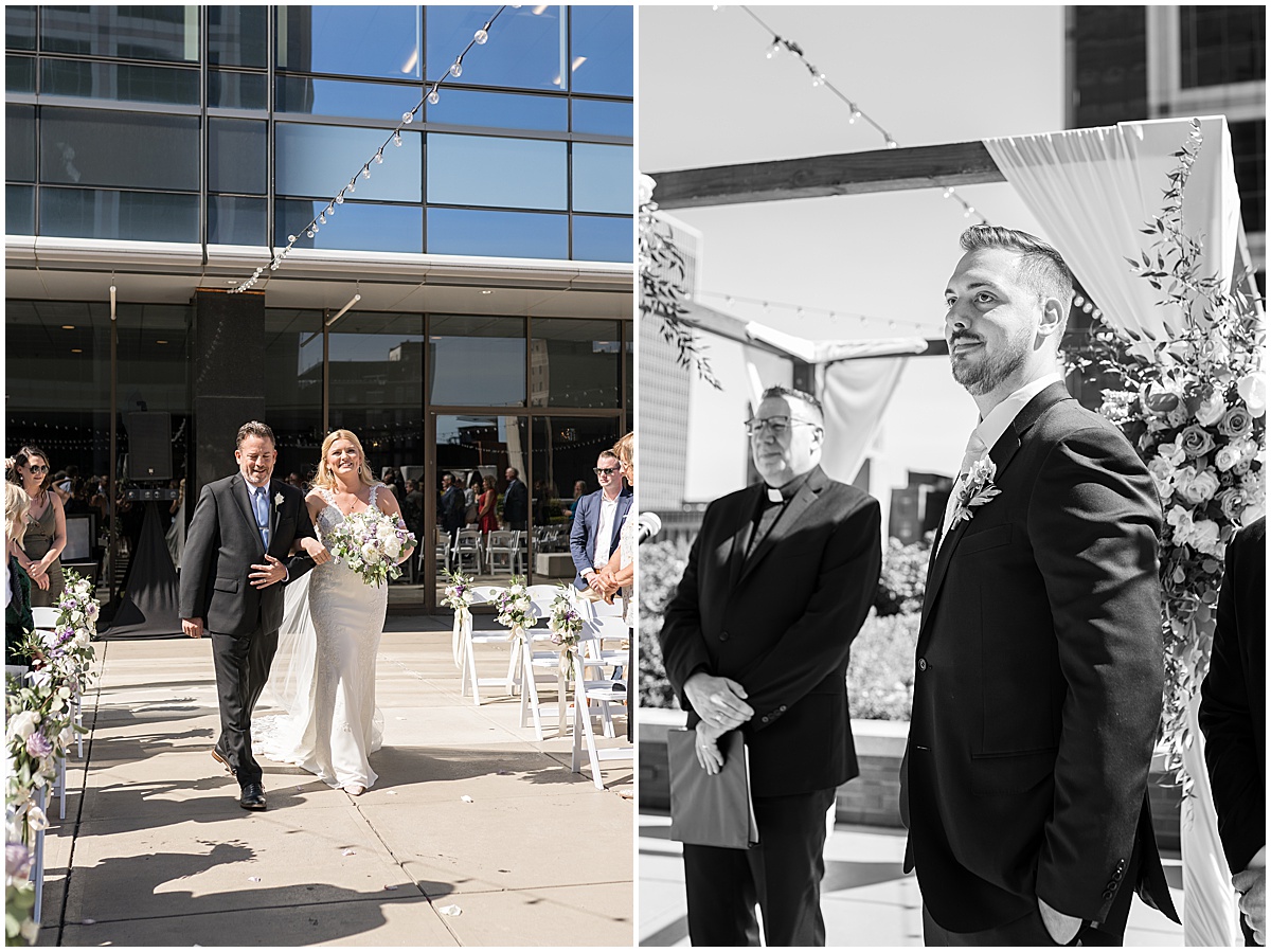 Bride walking down aisle at rooftop wedding in downtown Indianapolis at JPS Events