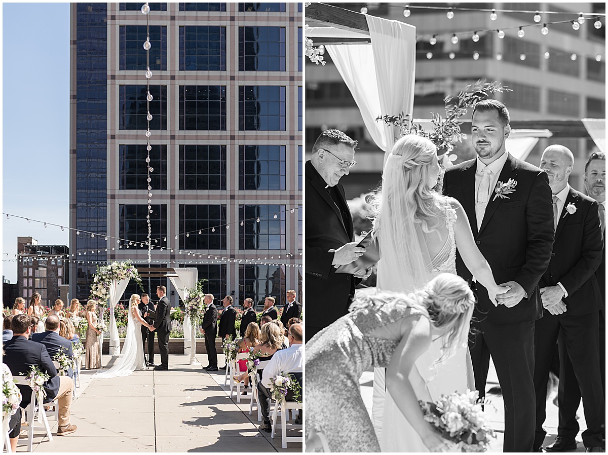 Bride and groom at alter of rooftop wedding in downtown Indianapolis at JPS Events