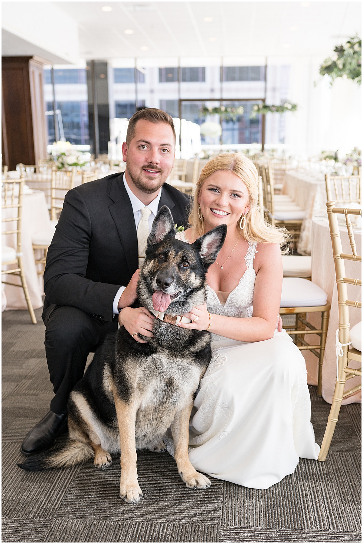 Bride and groom with dog for wedding at JPS Events in downtown Indianapolis.
