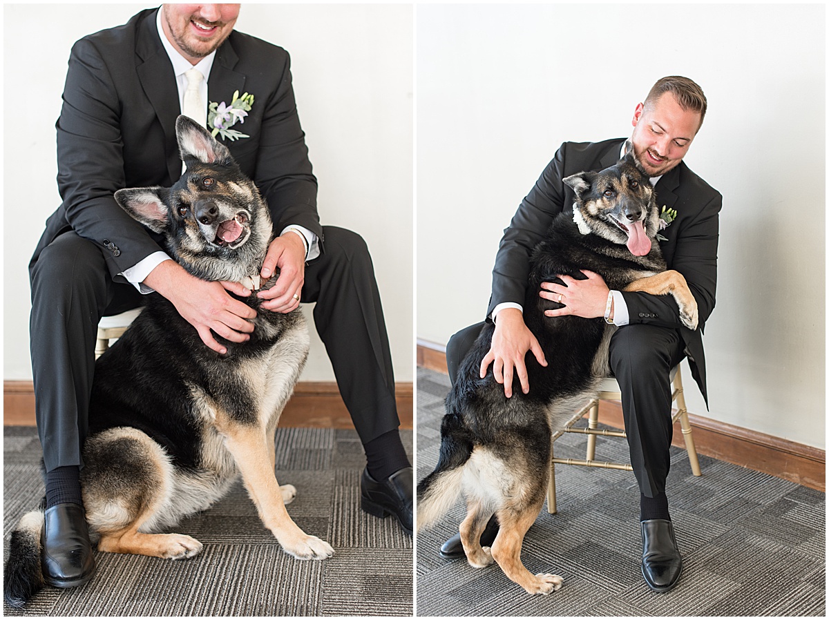 Groom hugging dog for wedding at JPS Events in downtown Indianapolis.