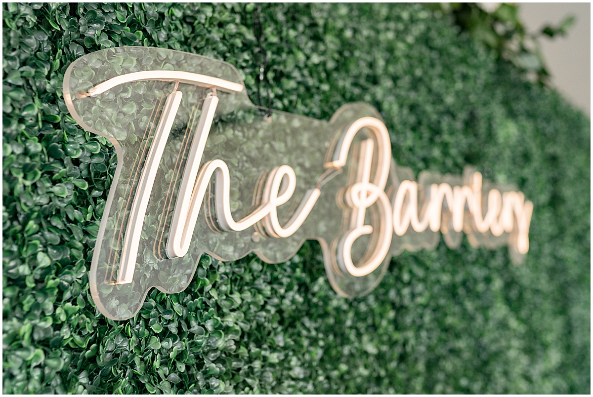 Sign on greenery for wedding at JPS Events in downtown Indianapolis.