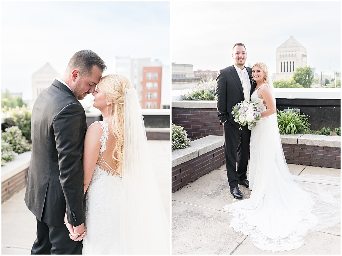 Bride and groom embrace at rooftop wedding in downtown Indianapolis at JPS Events