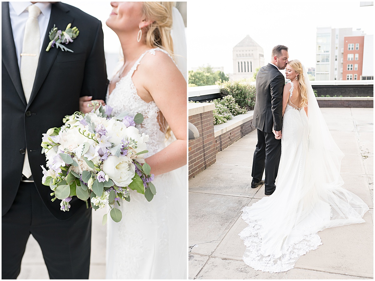 Bride and groom hold hands at rooftop wedding in downtown Indianapolis at JPS Events