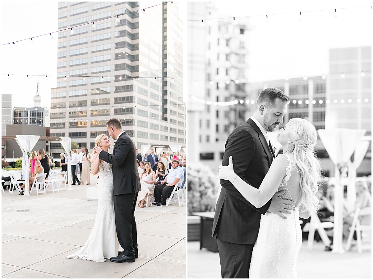 Bride and groom dance at rooftop wedding in downtown Indianapolis at JPS Events