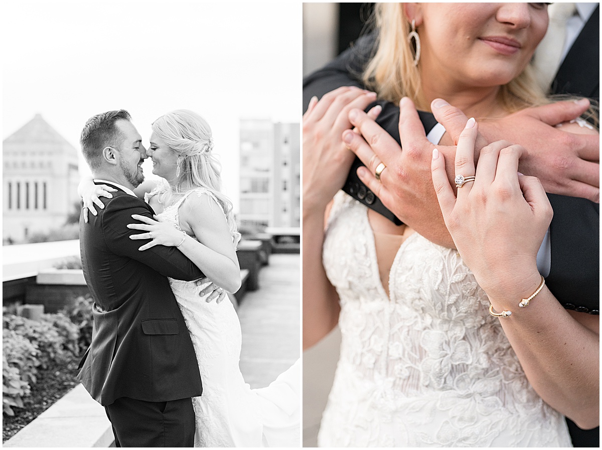 Bride and groom hug at rooftop wedding in downtown Indianapolis at JPS Events