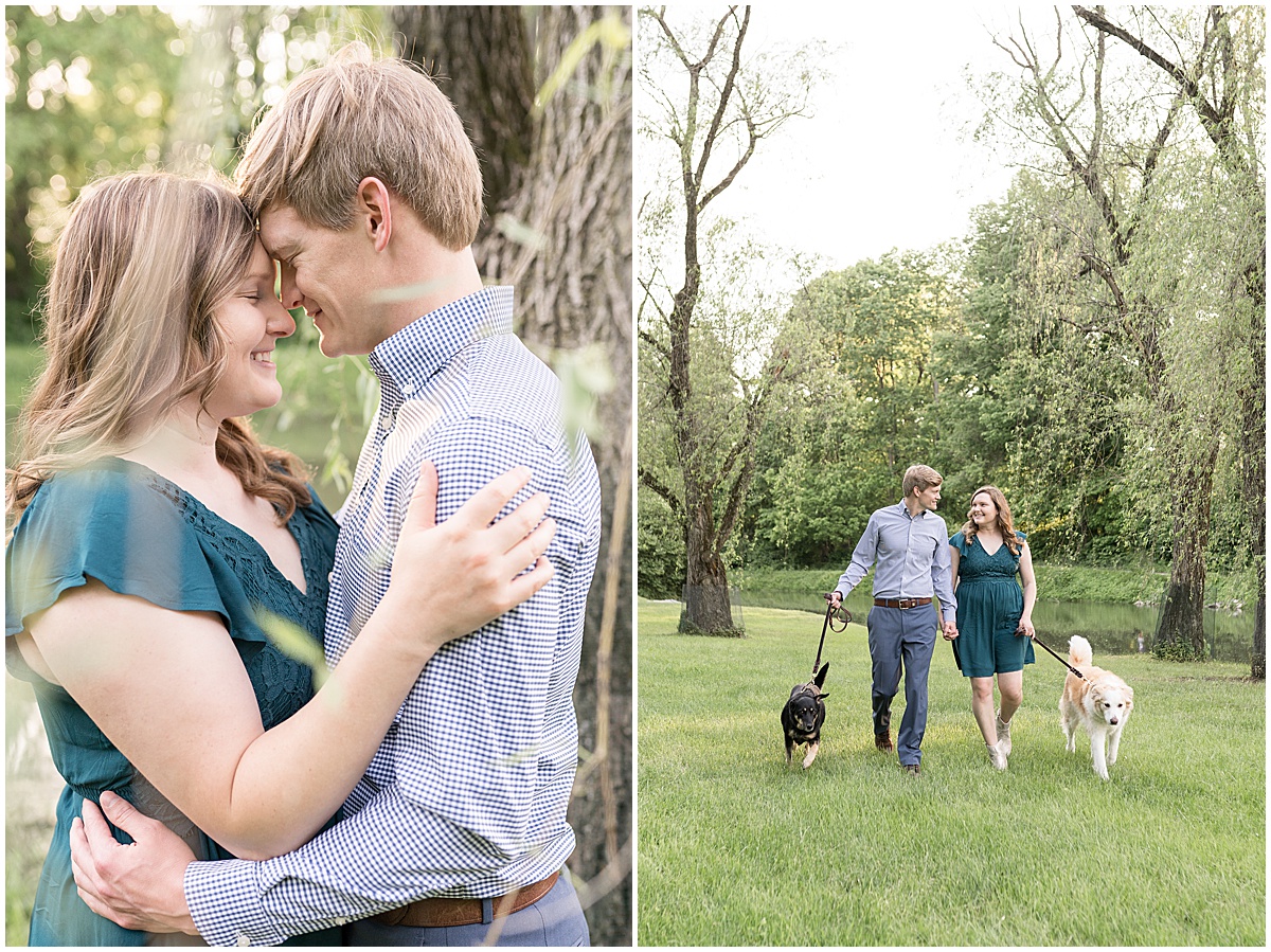 Couple walking with dogs at spring engagement photos at Holcomb Gardens in Indianapolis