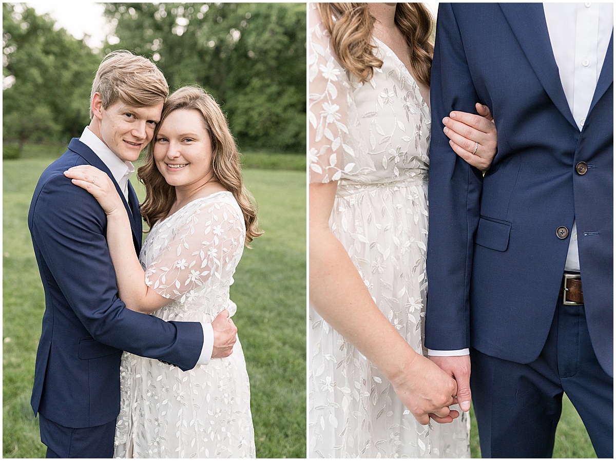 Couple hugging during spring engagement photos at Holcomb Gardens in Indianapolis