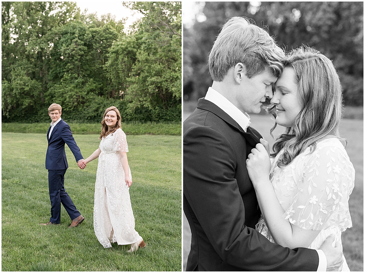 Couple embrace during spring engagement photos at Holcomb Gardens in Indianapolis