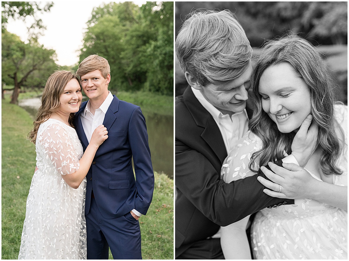 Couple by water at spring engagement photos at Holcomb Gardens in Indianapolis