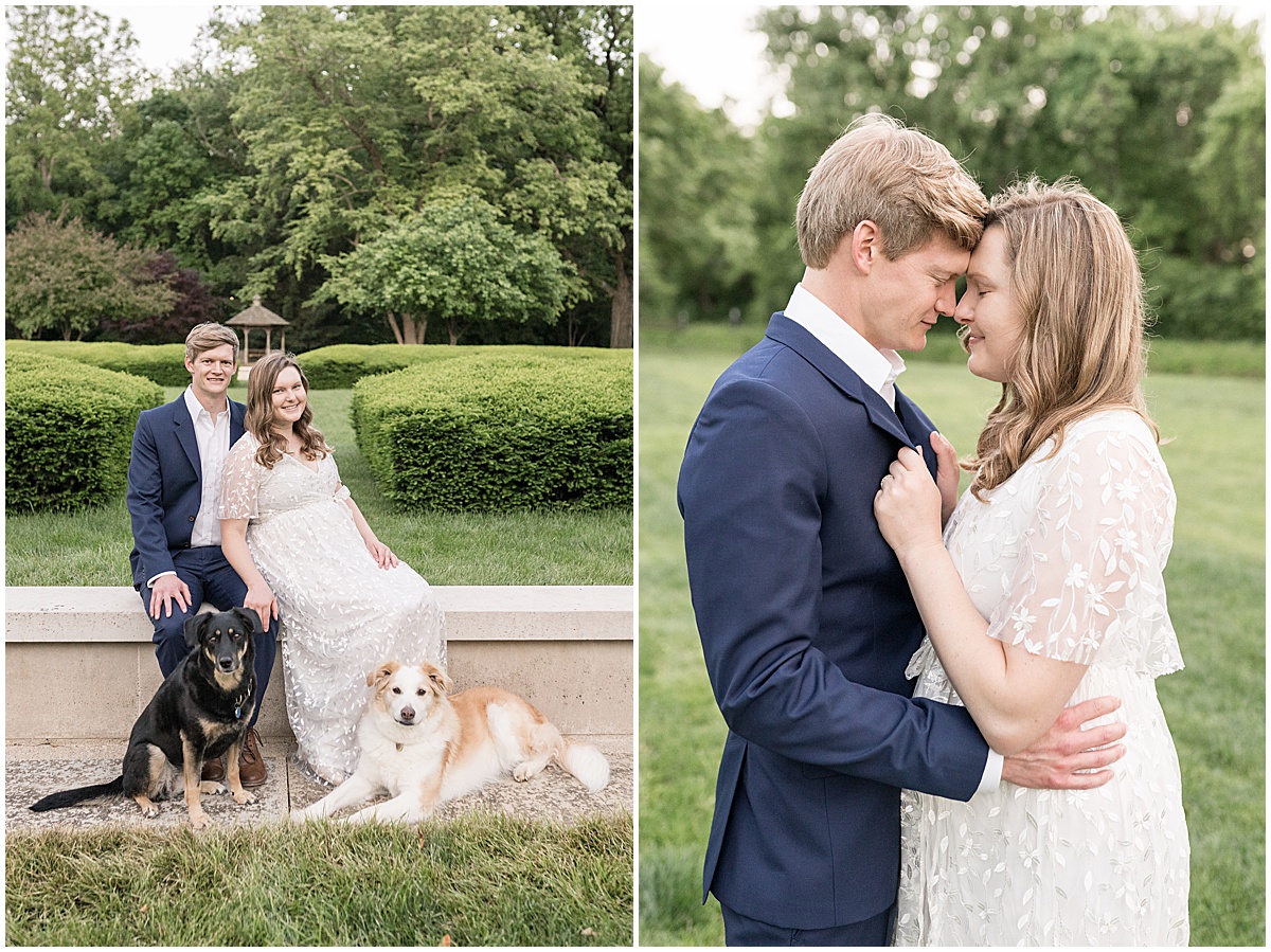 Couple sitting with dogs at spring engagement photos at Holcomb Gardens in Indianapolis