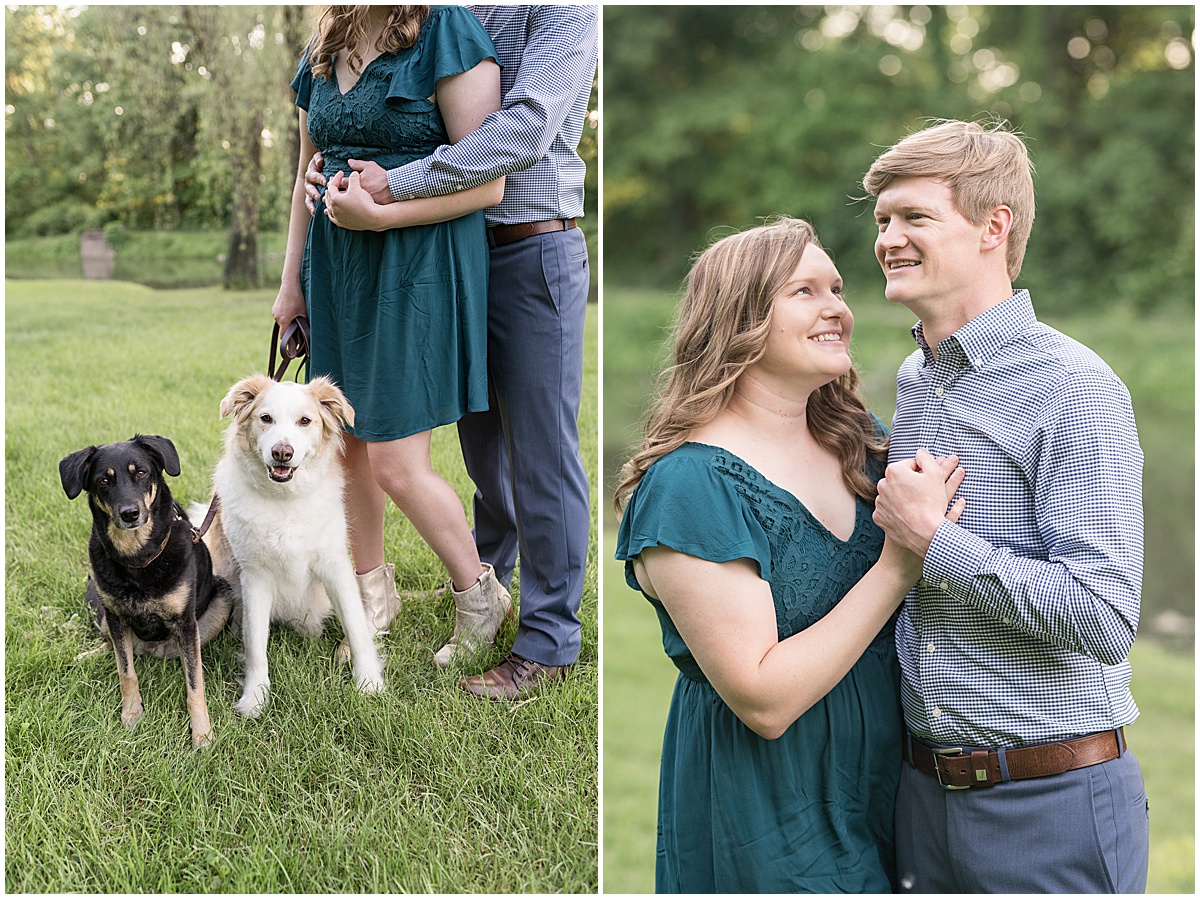 Couple hugging with dogs at spring engagement photos at Holcomb Gardens in Indianapolis