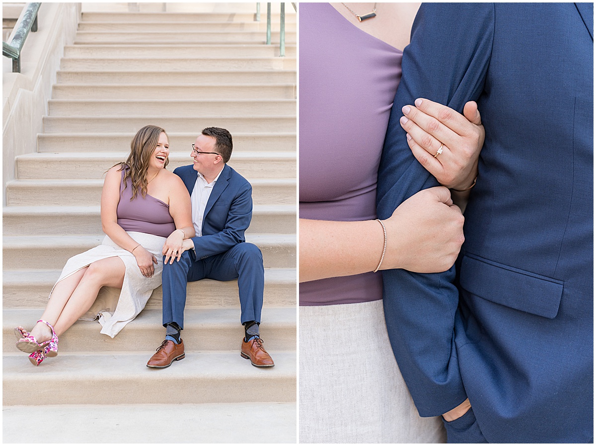Couple holding eachother close during engagement photos in downtown Indianapolis by the Indiana State Capitol Building.