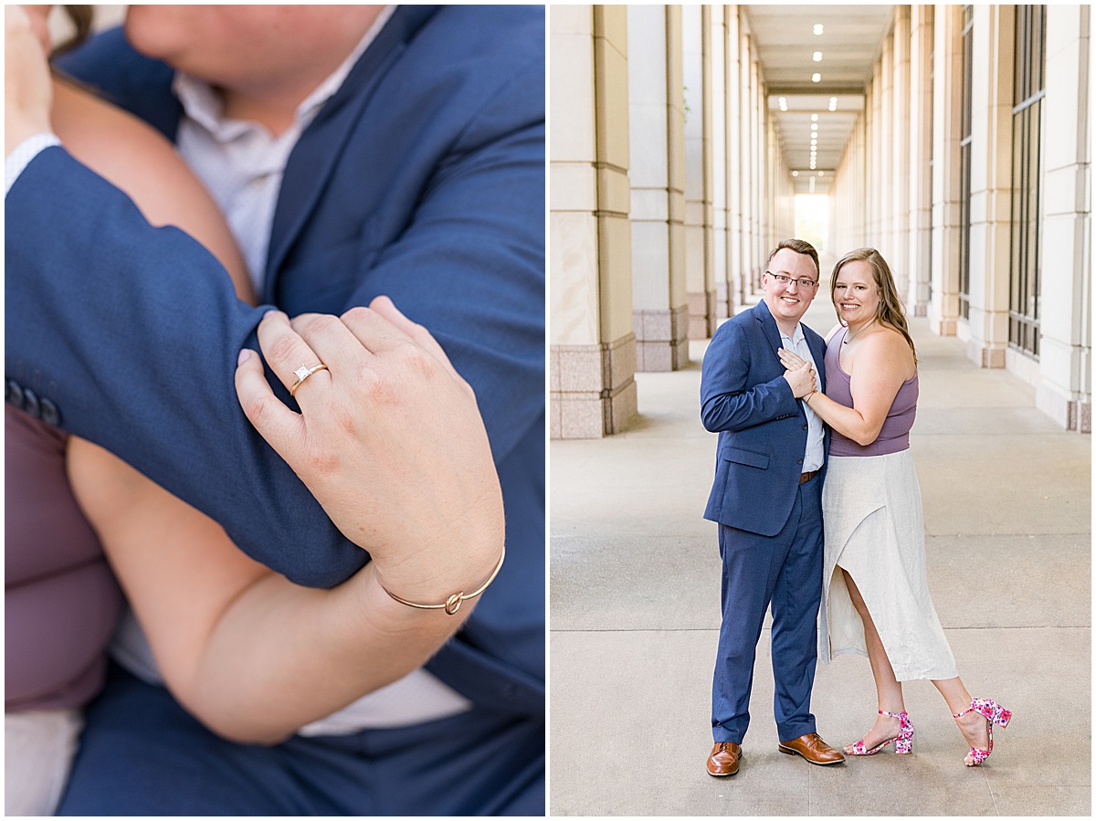 Couple getting close during engagement photos in downtown Indianapolis by the Indiana Government Center.