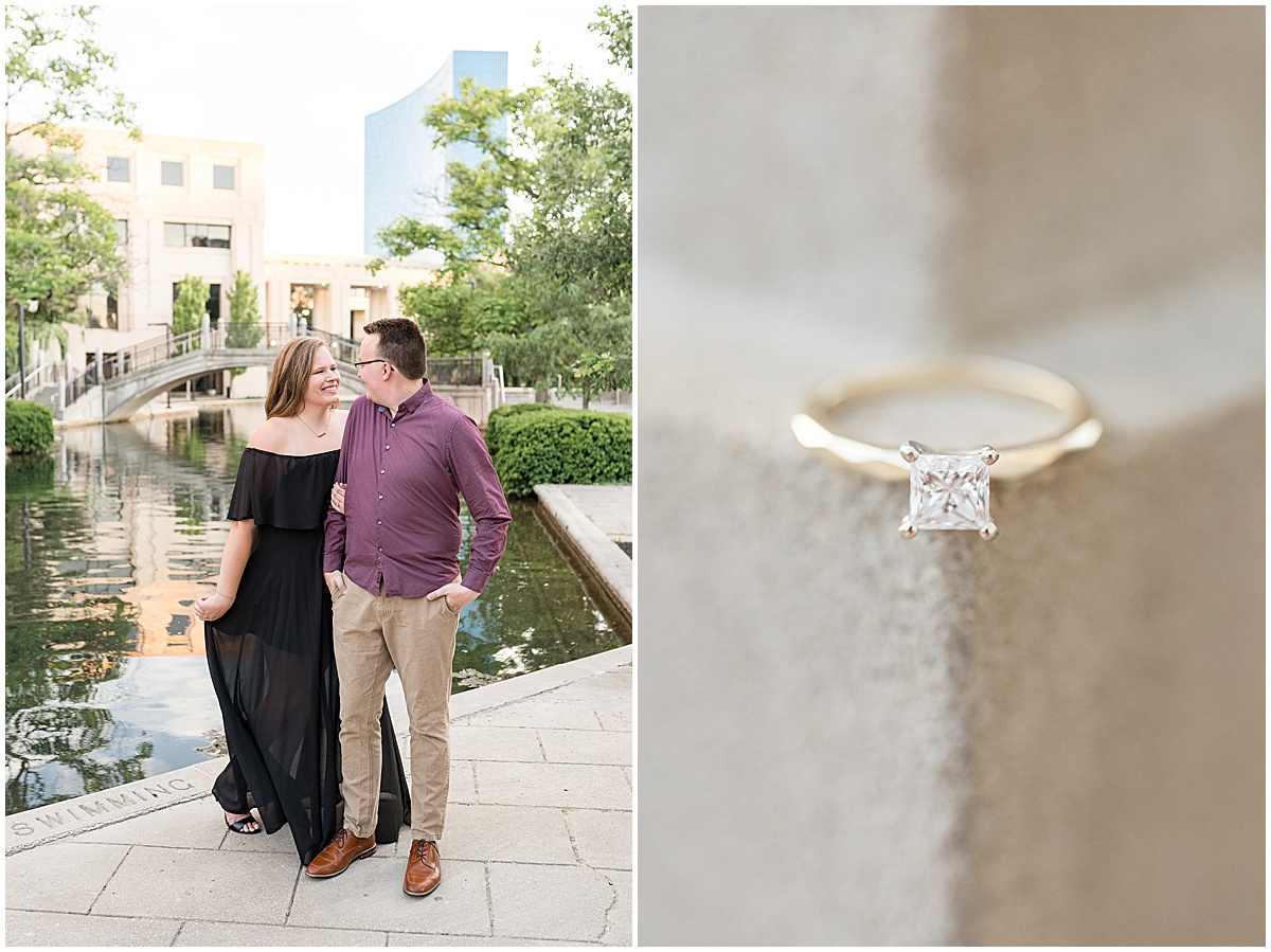 Ring detail by bride at downtown Indianapolis Canal Walk engagement photos.