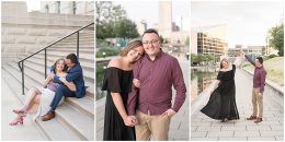 Couple holding hands by water at downtown Indianapolis Canal Walk engagement photos.
