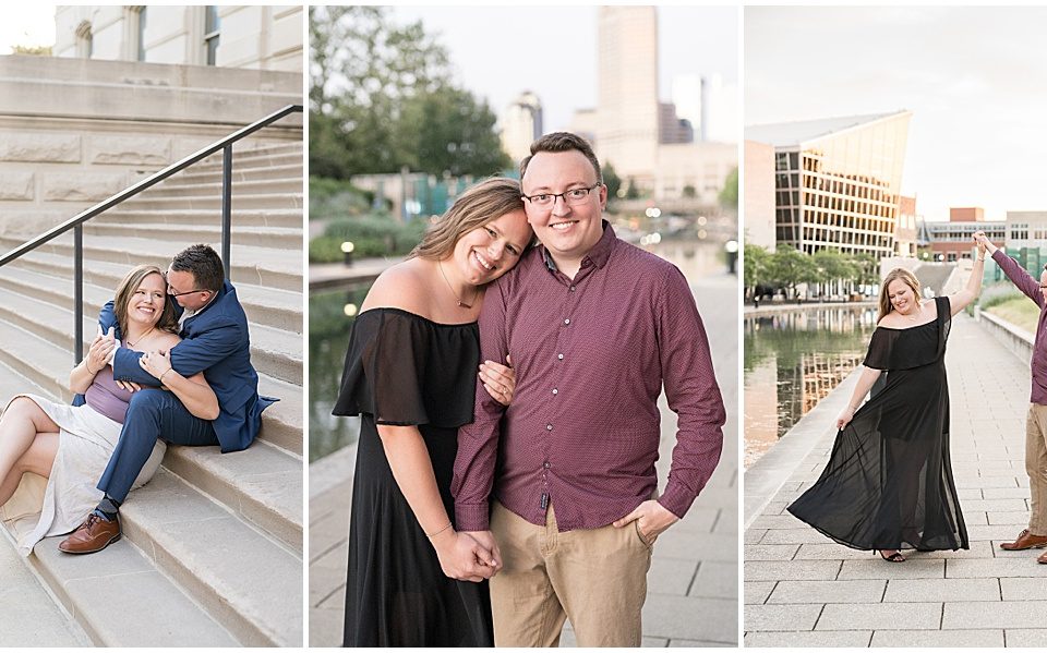 Couple holding hands by water at downtown Indianapolis Canal Walk engagement photos.
