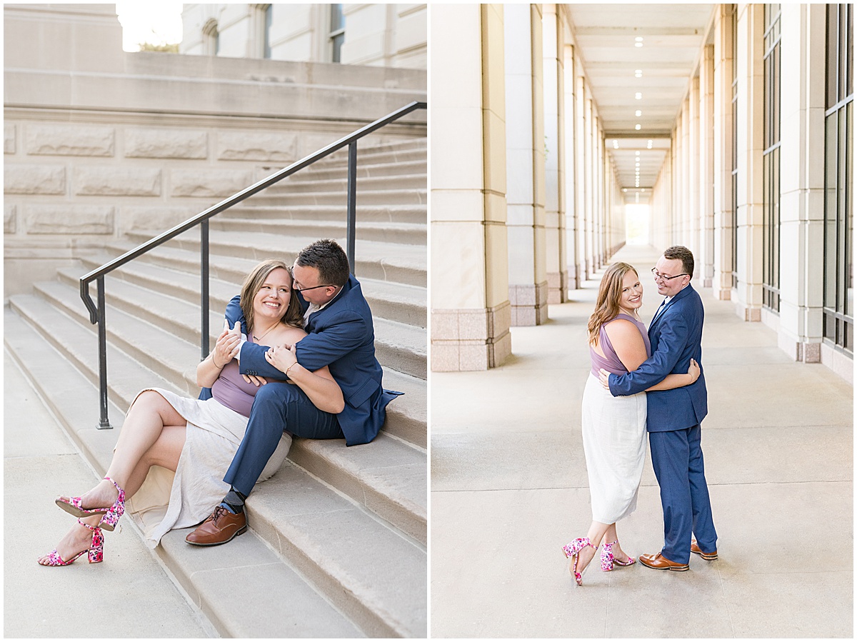 Couple hugging each other during engagement photos in Downtown Indianapolis by Indianapolis wedding photographer Victoria Rayburn Photography.
