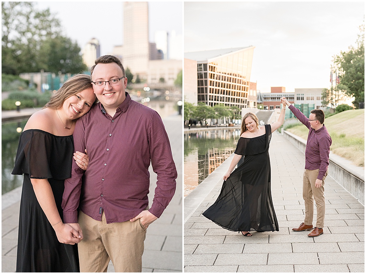 Couple dancing during sunset engagement photos on the Indianapolis Canal Walk by Indianapolis wedding photographer Victoria Rayburn Photography.