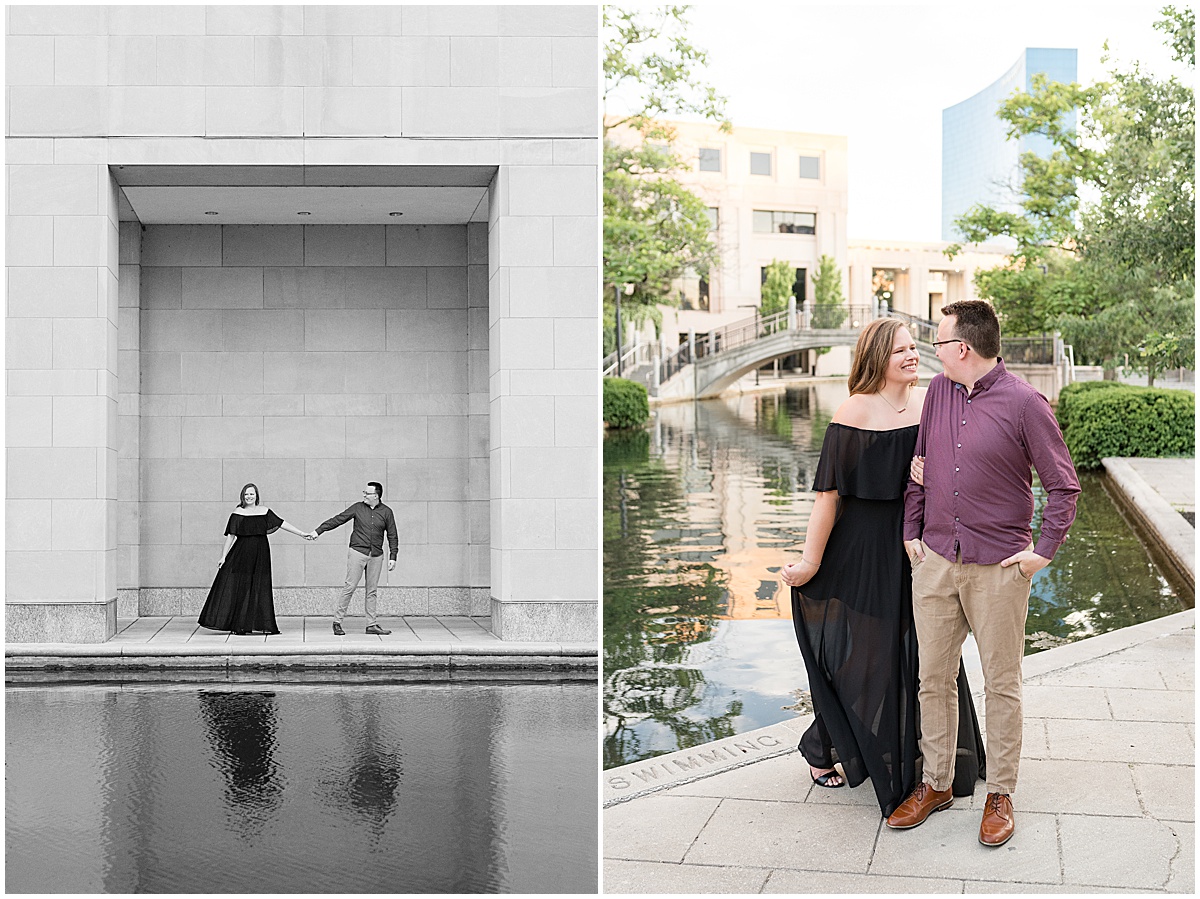Couple holding hands at engagement photos on the Indianapolis Canal Walk by Indianapolis wedding photographer Victoria Rayburn Photography.