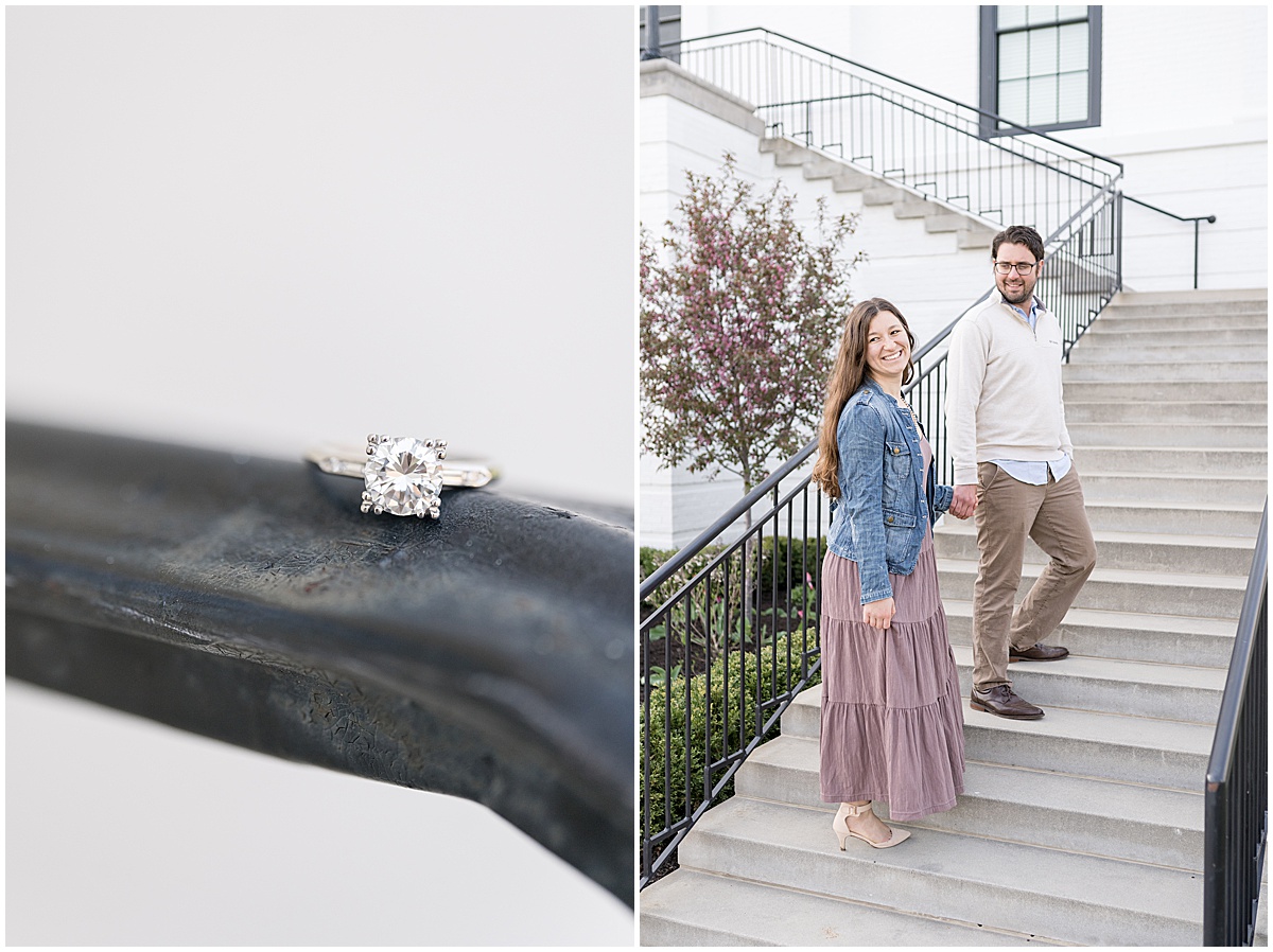 Couple walking up steps at engagement photos in The Village of WestClay in Carmel, Indiana by Indianapolis wedding photographer Victoria Rayburn Photography.