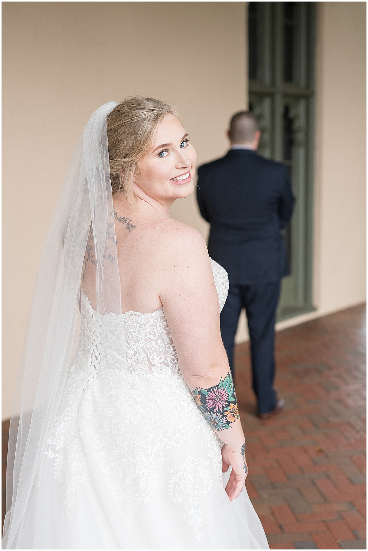 Bride before first look outside of Fowler House Mansion