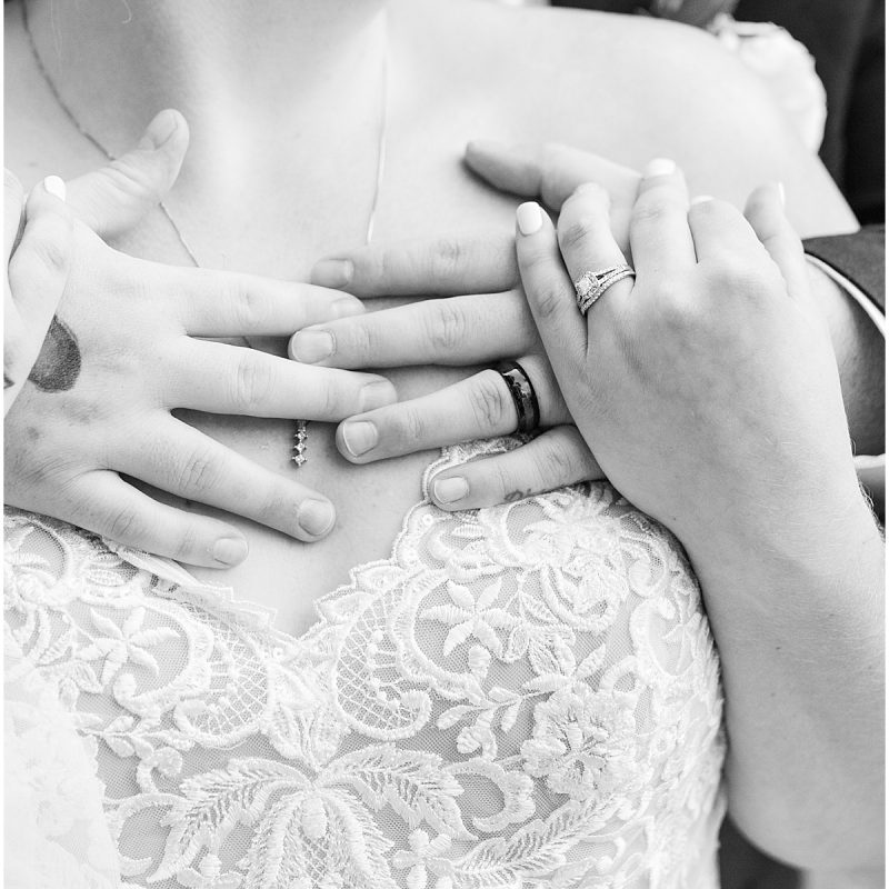 Close up of bride and groom wearing wedding rings