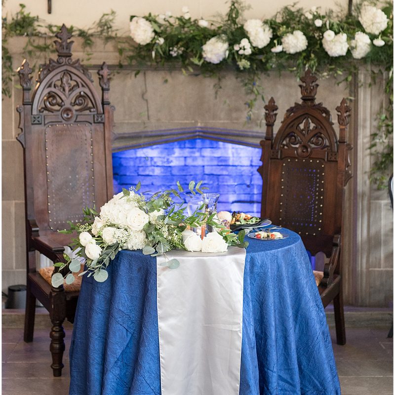 Bride and groom table with thrones at Fowler House Mansion wedding reception