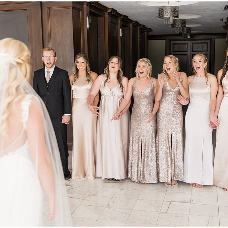 Bridesmaids reaction to bride before JPS Events Wedding in Downtown Indianapolis