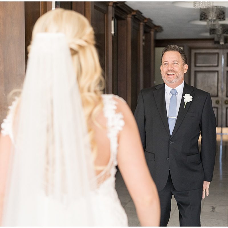 Father of the bride's first look reaction before JPS Events Wedding in Downtown Indianapolis