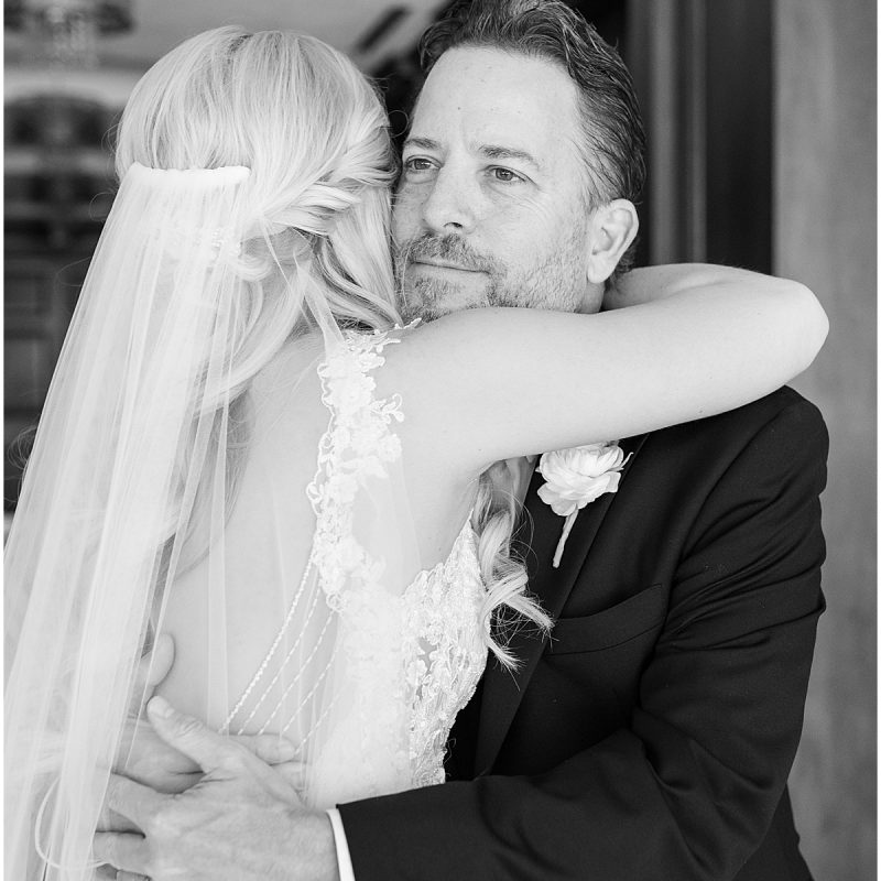 Bride hugs father before JPS Events Wedding in Downtown Indianapolis