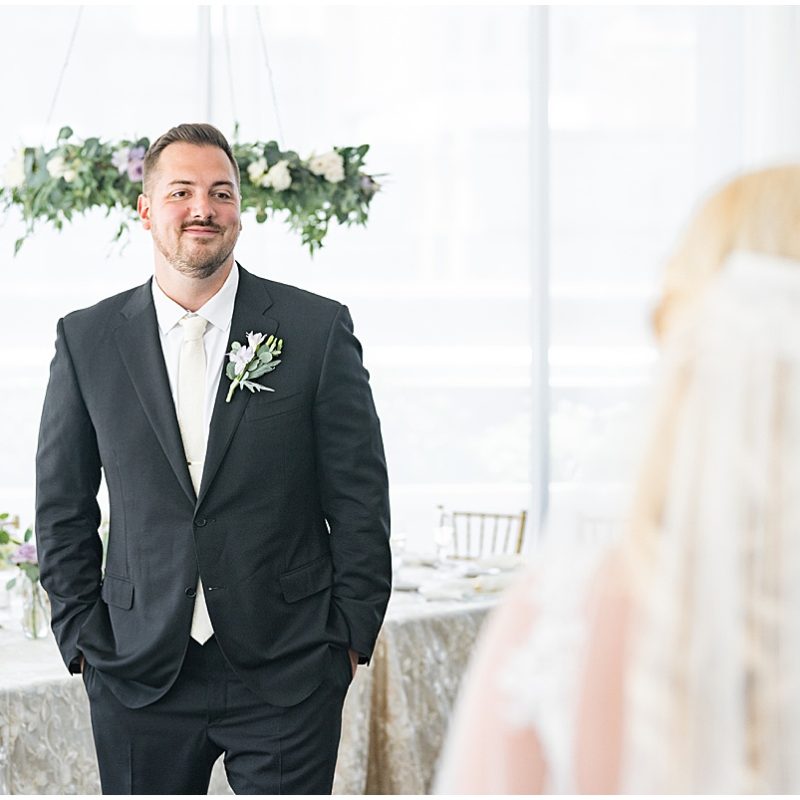Groom's reaction to bride at JPS Events Wedding in Downtown Indianapolis