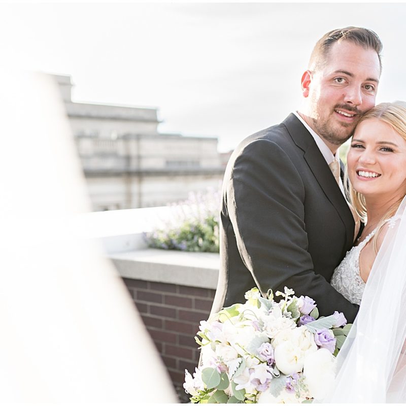 Bride and groom on rooftop after JPS Events Wedding in Downtown Indianapolis