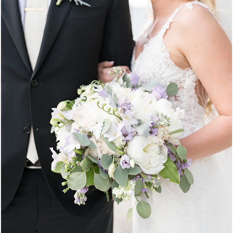 White and lavender bouquet detail in downtown Indianapolis wedding