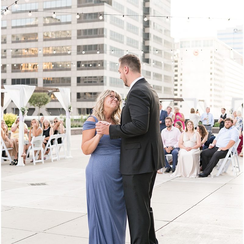 Groom dances with mother at JPS Events Wedding Reception in Downtown Indianapolis