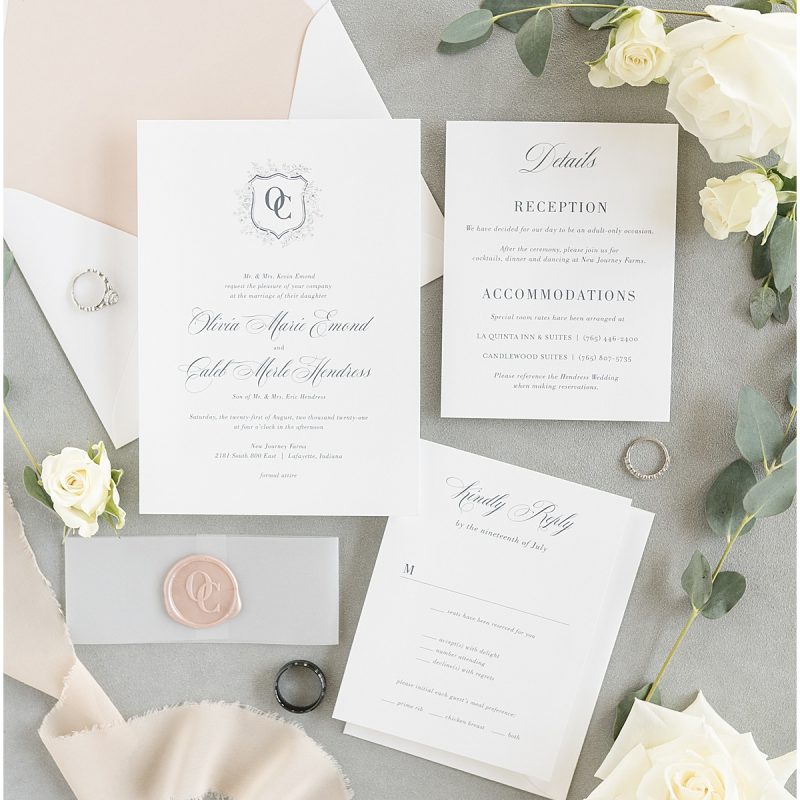 Invitation and ring details for wedding at New Journey Farms