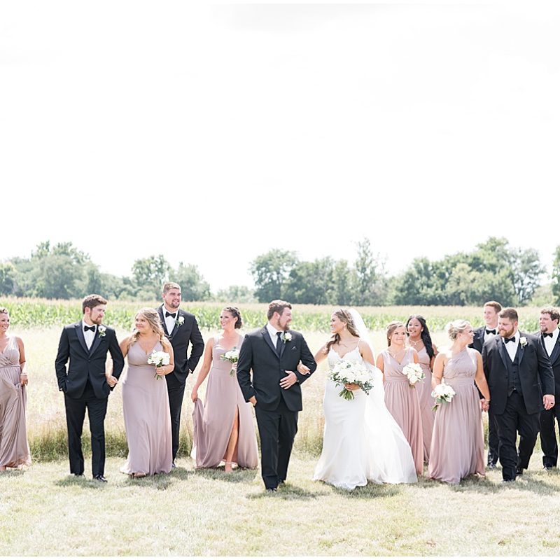 Bridal party walk together outside of New Journey Farms