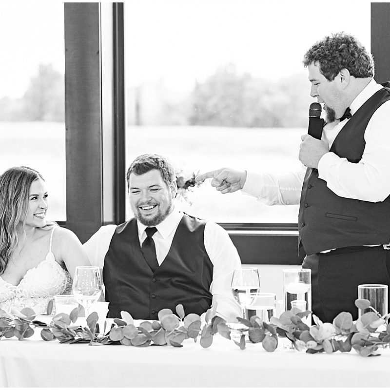 Bride and groom react to speeches at New Journey Farms Wedding