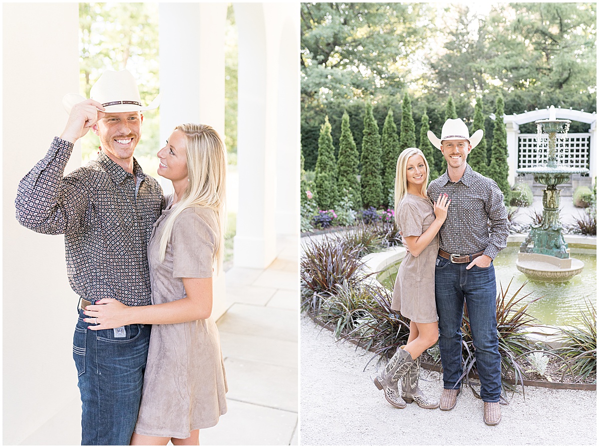 Bride to be admiring her fiancee at western-inspired engagement photos at Newfields