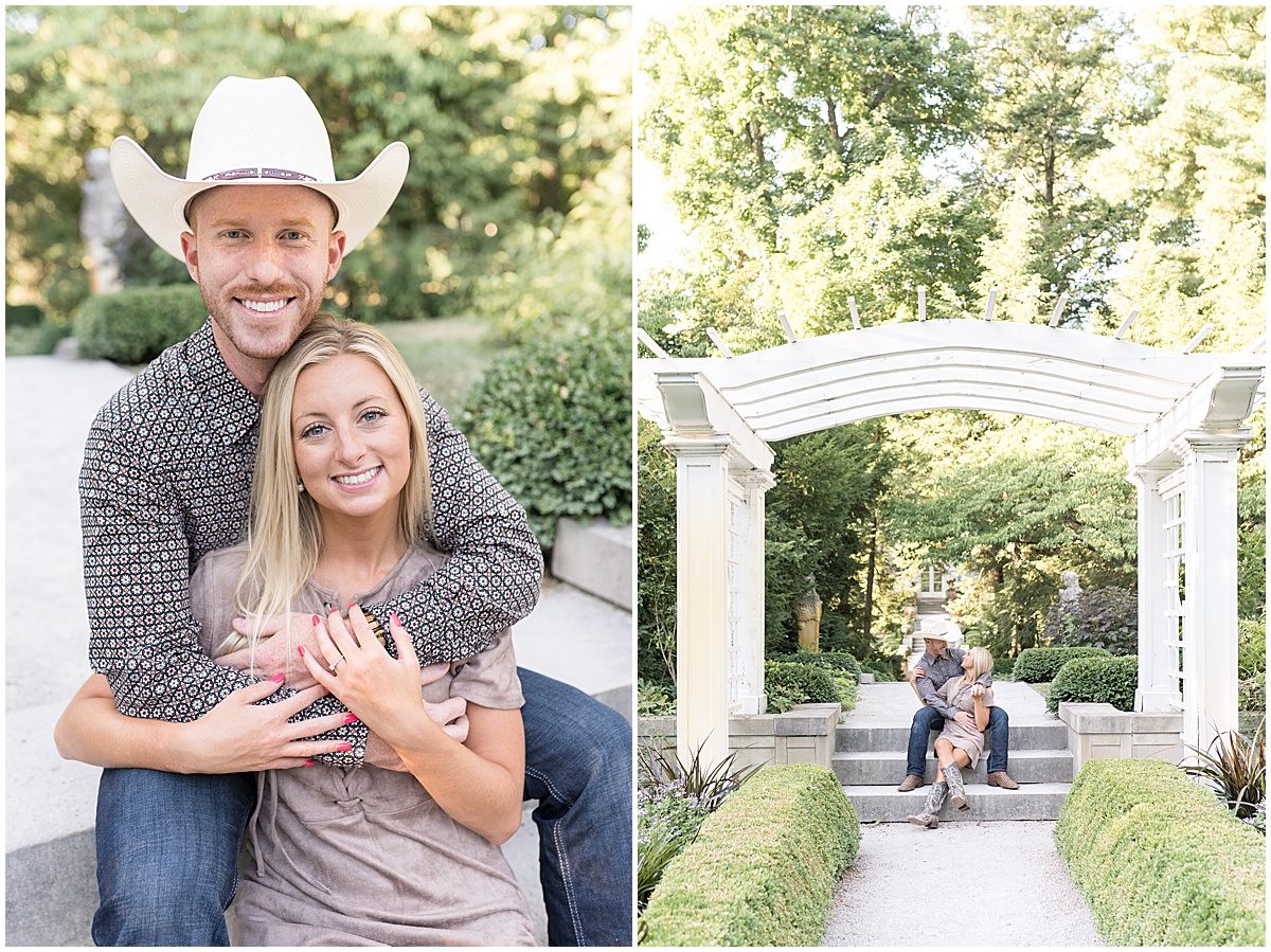 Couple sitting on steps at western-inspired engagement photos at Newfields