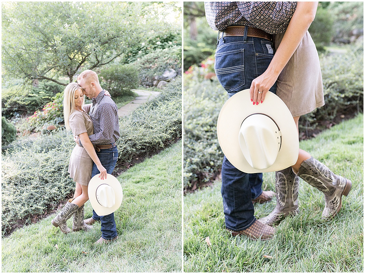 Cowboy hat detail during western-inspired engagement photos at Newfields