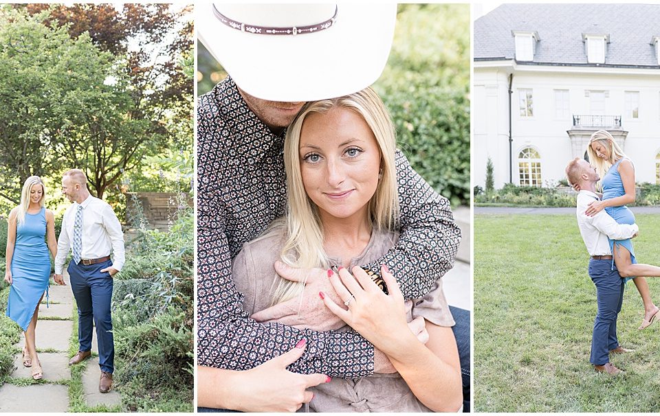 Couple walks the grounds at summer engagement photos at Newfields in Indianapolis