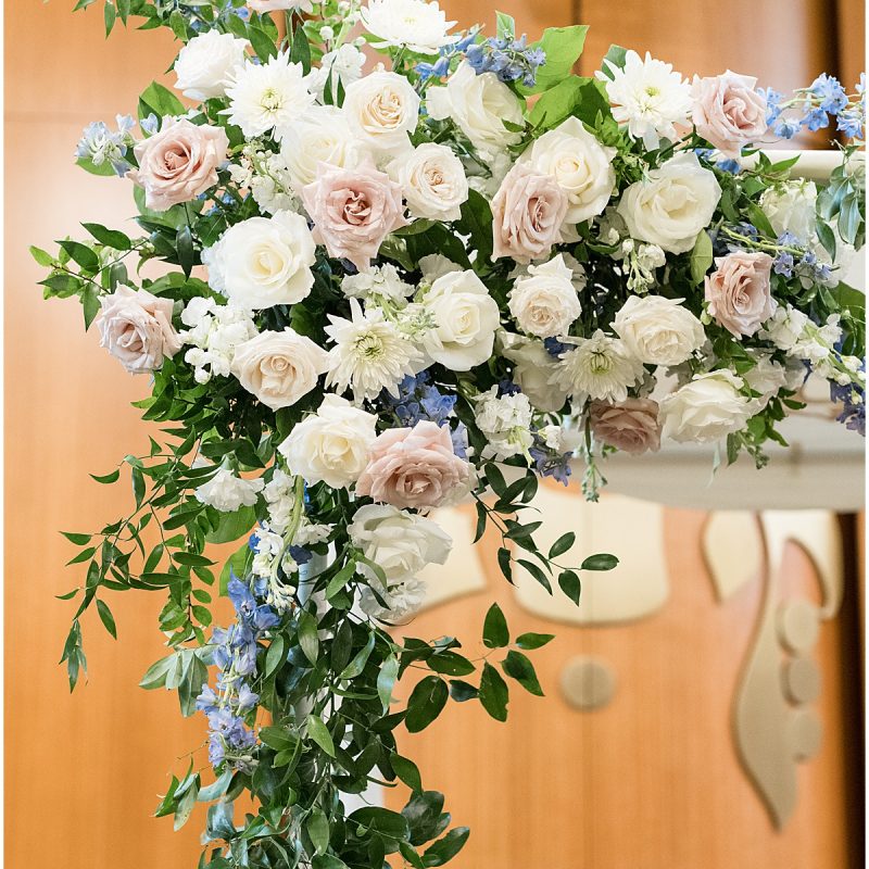 Flower arch details for wedding at Indianapolis Hebrew Congregation