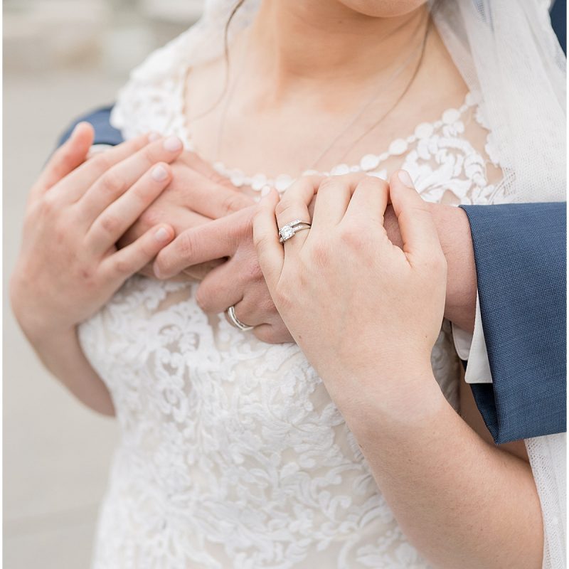 Close up of newlyweds during wedding photos at Coxhall Gardens
