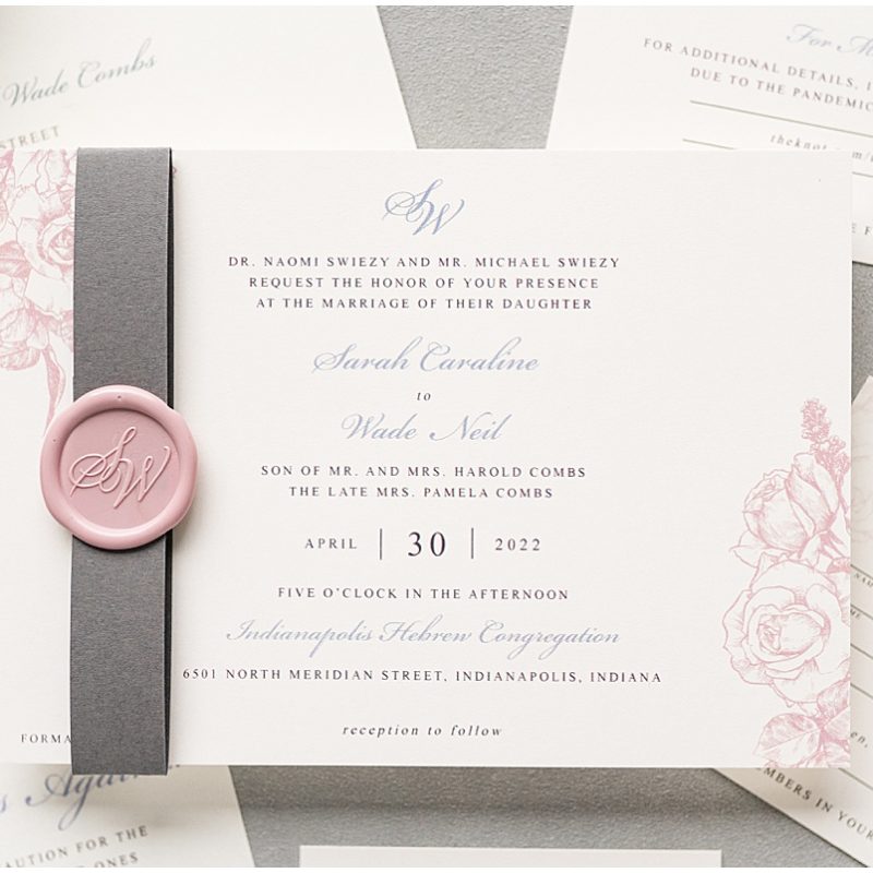 Invitation stamp detail for wedding at Indianapolis Hebrew Congregation