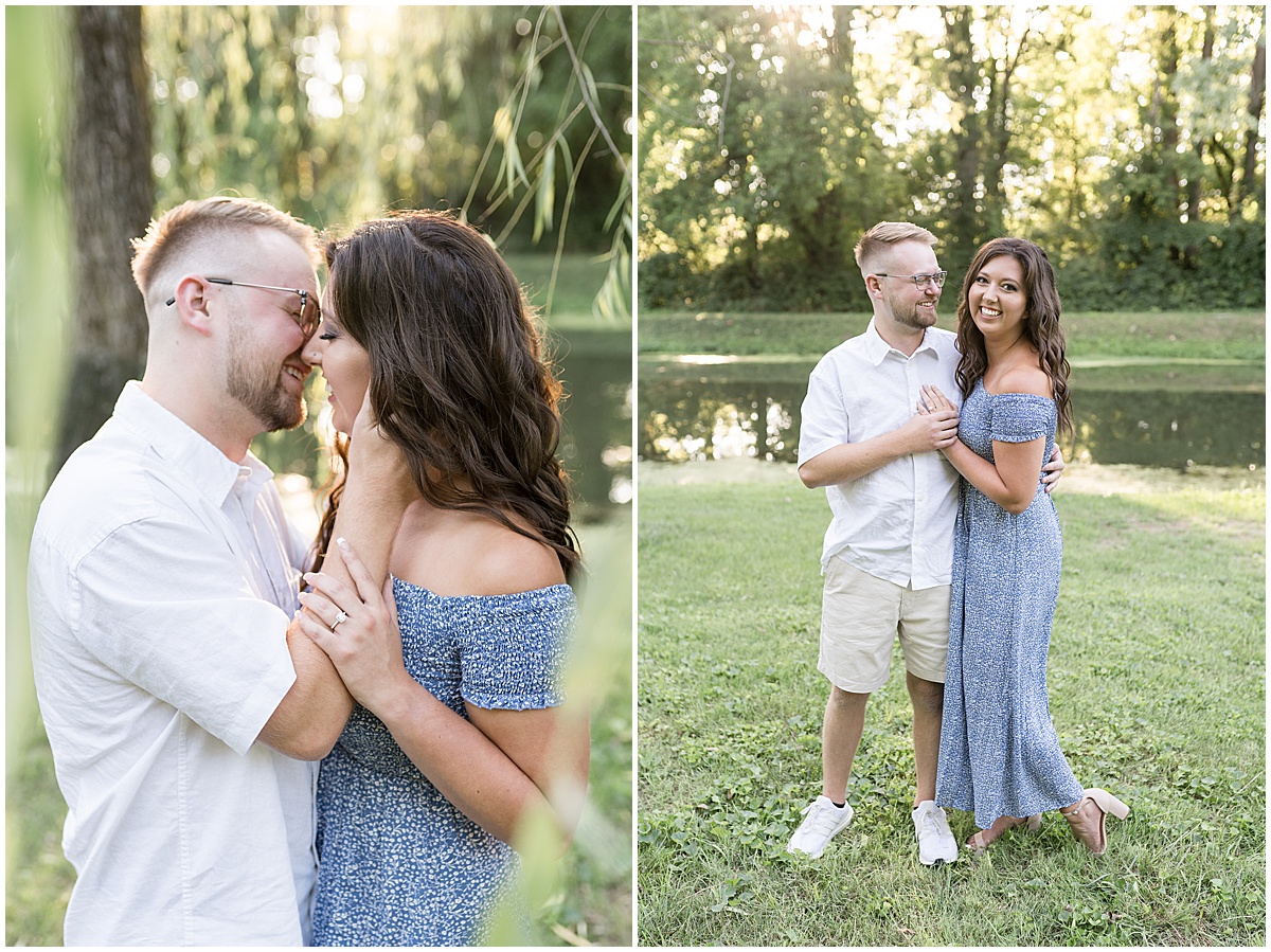 Couple getting close during summer engagement photos at Holcomb Gardens in Indianapolis