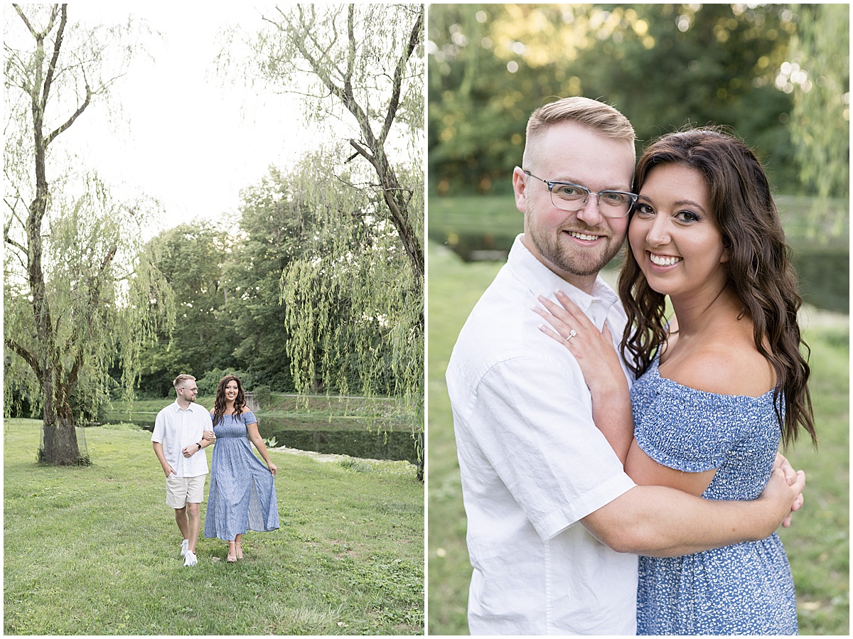Couple walking during summer engagement photos at Holcomb Gardens in Indianapolis