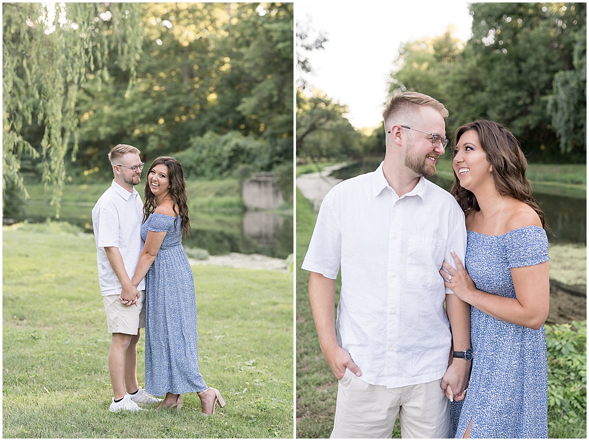 Couple looking into each others eyes during summer engagement photos at Holcomb Gardens in Indianapolis